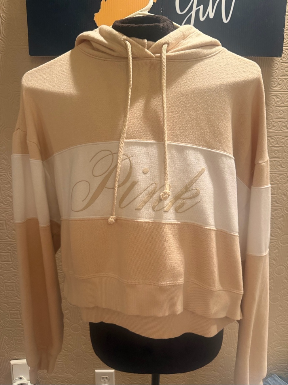 PINK Victoria's Secret Tan & White Striped Hoodie Sweatshirt